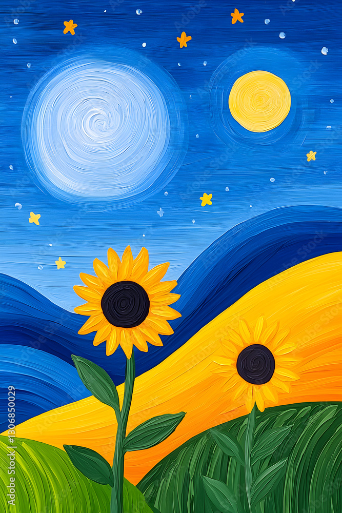 Fototapeta premium Yellow and blue colors painting of sunflower meadow