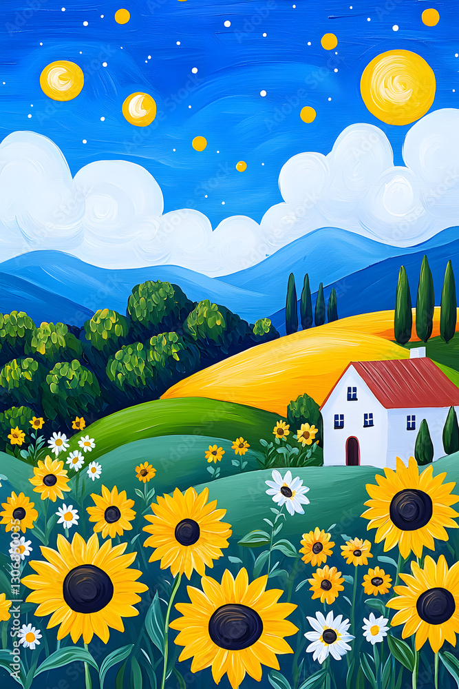 Fototapeta premium Yellow and blue colors painting of sunflower meadow