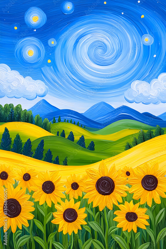 Fototapeta premium Yellow and blue colors painting of sunflower meadow