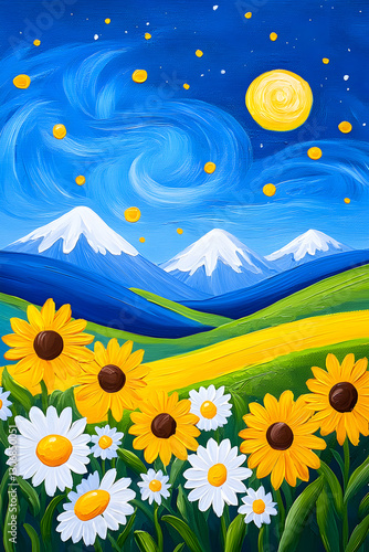 Yellow and blue colors painting of sunflower meadow