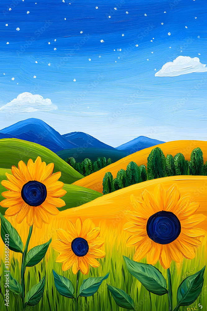 Fototapeta premium Yellow and blue colors painting of sunflower meadow