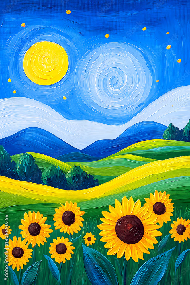 Fototapeta premium Yellow and blue colors painting of sunflower meadow