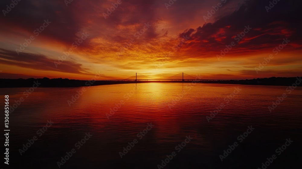 Naklejka premium Dramatic Sunset over River with Bridge