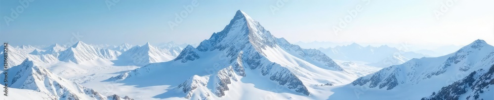 Fototapeta premium A solitary mountain peak rising above snowy peaks, vast snowfield, majestic mountain isolation solitude snow, solitary peak