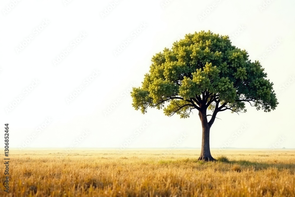 A solitary tree in a vast open field against a white backdrop, earthy, open, wild A solitary tree in a vast open field against a white backdrop, earthy, open, wild