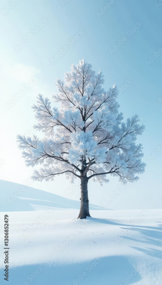 A solitary tree on a pristine white snowfield, frosty environment, snow A solitary tree on a pristine white snowfield, frosty environment, snow