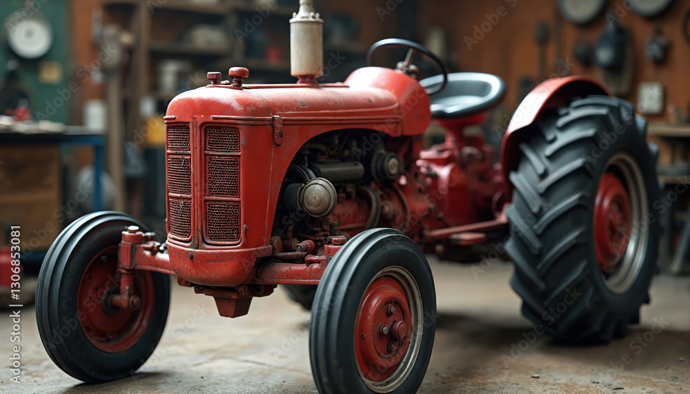 Old red tractor in workshop ready for repair. Vintage farm machine with engine, wheels, steel parts. Rusty vehicle is in the garage. Agricultural equipment, transportation concept. Old red tractor in workshop ready for repair. Vintage farm machine with engine, wheels, steel parts. Rusty vehicle is in the garage. Agricultural equipment, transportation concept.