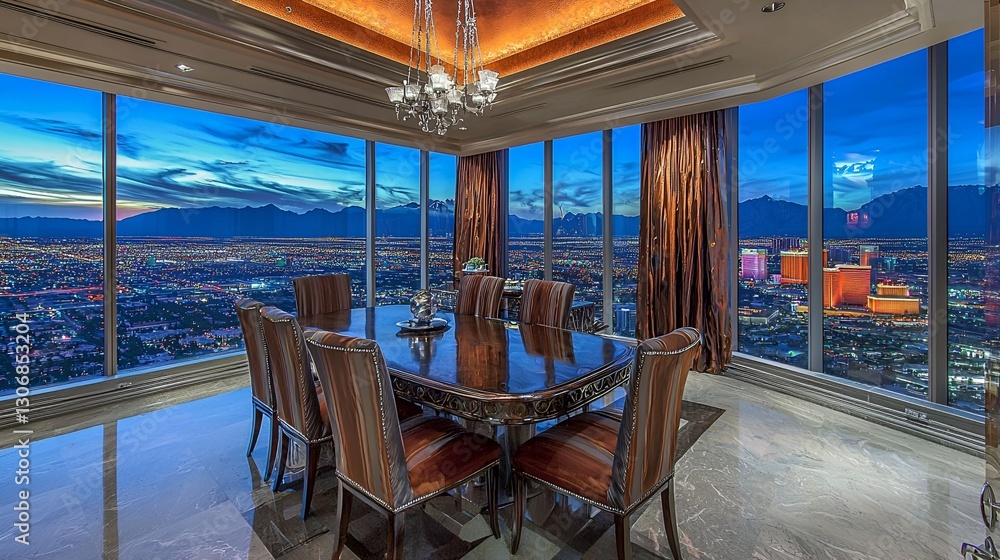 Fototapeta premium Luxury penthouse dining room with city view