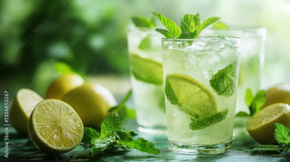 Fototapeta premium Refreshingly sweet glass of homemade lemonade with slices of fresh lemons and ice