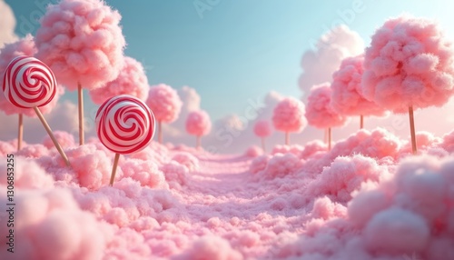 Surreal dreamscape with pink lollipops, cotton candy clouds. Pastel colored sugar dessert wonderland. Fairy tale land with sweets, candy trees. Sweet tooth satisfaction, childish dreams. Fantasy food