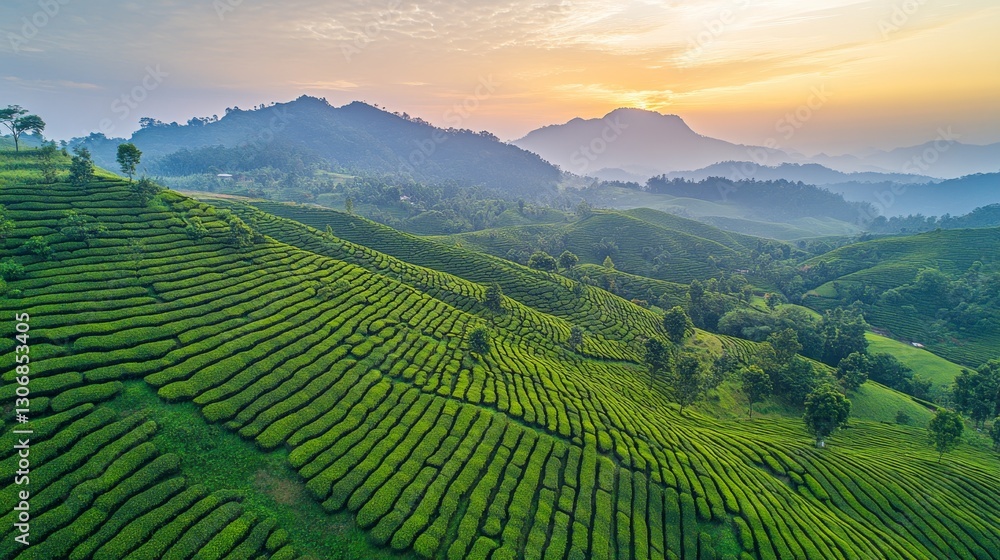 Fototapeta premium Lush Green Tea Plantation Landscape at Sunrise in Scenic Mountains