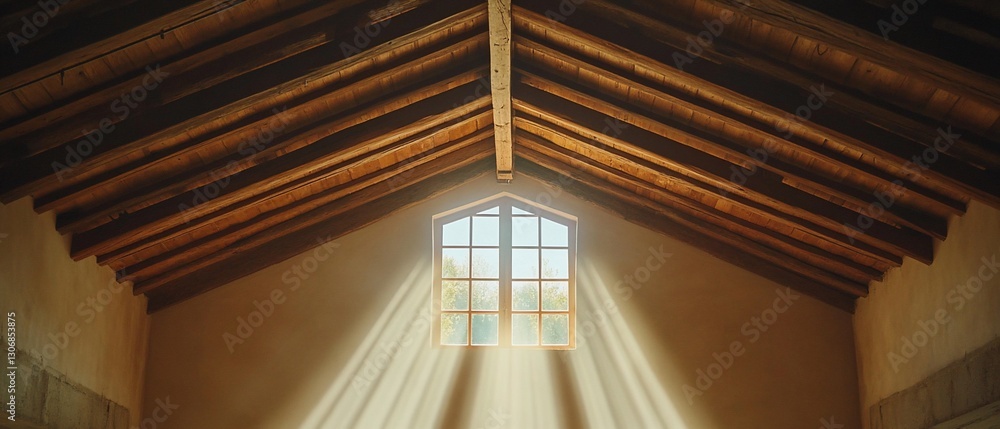 Obraz premium Sunlight streams through attic window, wooden beams