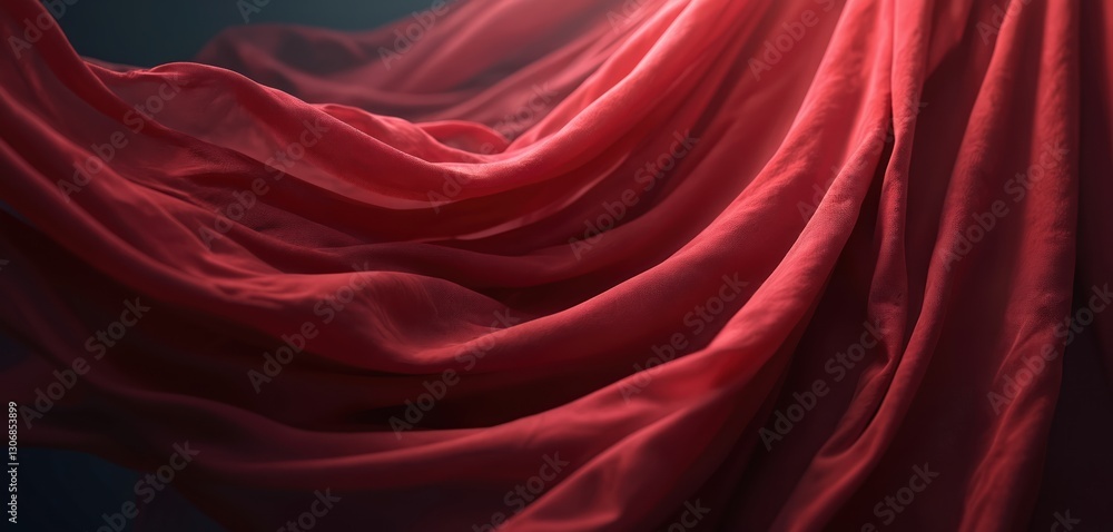 Obraz premium Burgundy red fabric with soft pleats floats in the air. Wavy cloth texture represents elegance, beauty. Scarlet drapery imitates wings. Use it for textile or fashion design background.