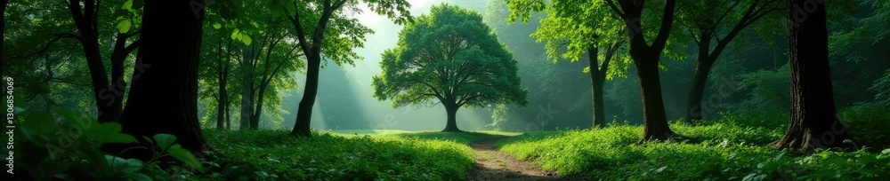 Fototapeta premium Dense foliage surrounds the tree, emphasizing its isolation, trees, serenity, calmness