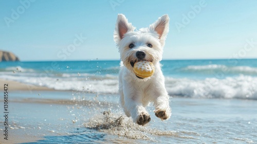 A white dog is running on the beach with a yellow frisbee in its mouth