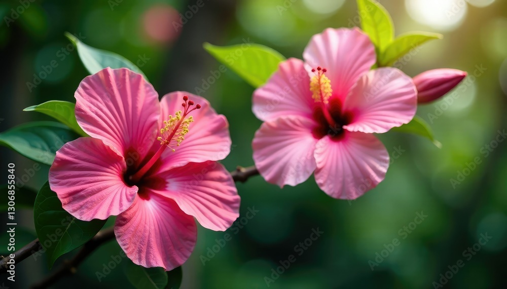 Large pink hibiscus flowers on a tropical tree branch, pink petals, blossoms Large pink hibiscus flowers on a tropical tree branch, pink petals, blossoms