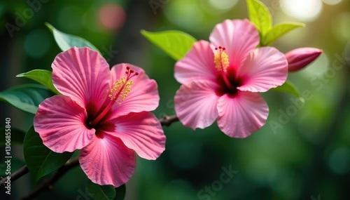 Large pink hibiscus flowers on a tropical tree branch, pink petals, blossoms