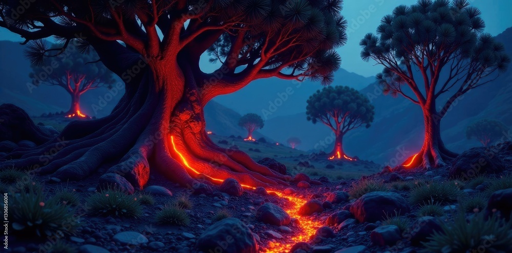 Fototapeta premium Lava tree trunks glowing brightly in the dark, landscape, natural