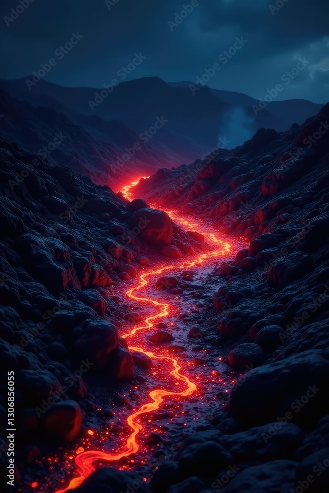 Fototapeta premium Lava flows through a volcanic crater at night, rocks, natural