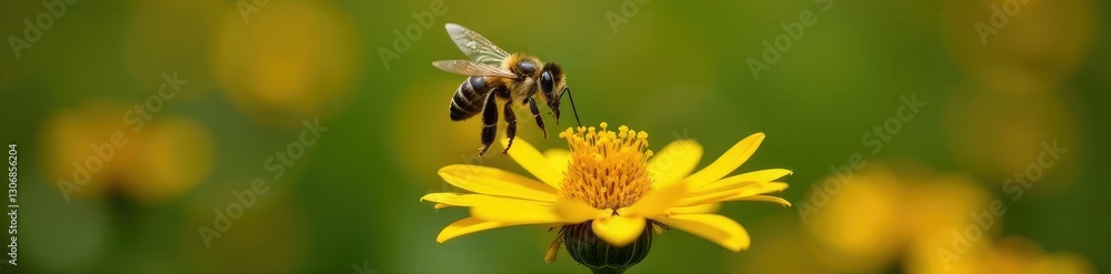 Leafcutter bee hovering above sneezeweed flowerhead, pollen, Leafcutter bee hovering above sneezeweed flowerhead, pollen,