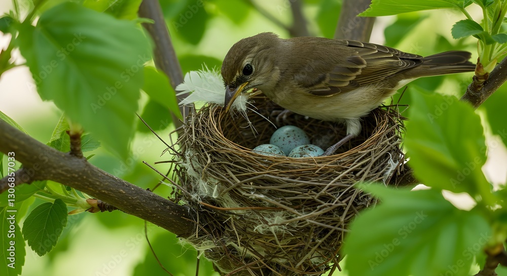Naklejka premium Mother Bird Arranging a Cozy Nest for Her Eggs