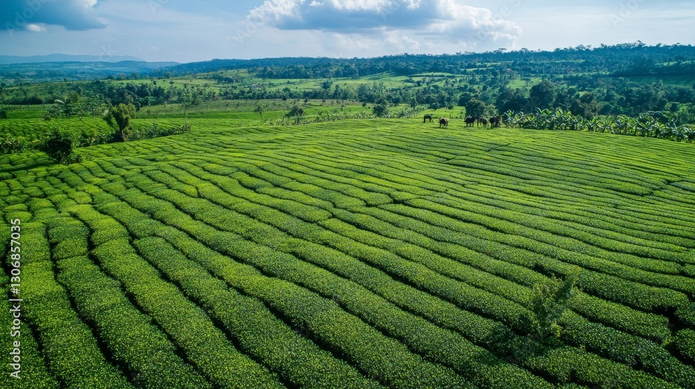 Lush Green Tea Plantation Under Clear Blue Sky Landscape Lush Green Tea Plantation Under Clear Blue Sky Landscape