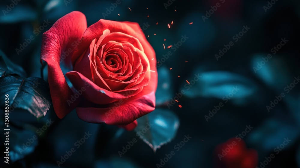 Enchanting red rose emitting sparks in garden Enchanting red rose emitting sparks in garden