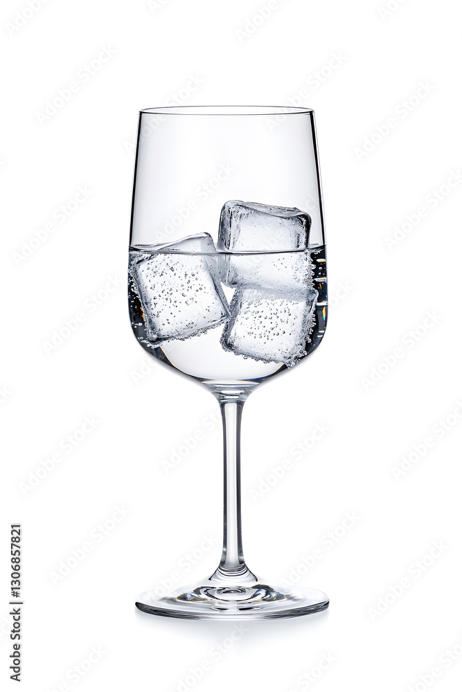Sparkling water with ice cubes in a wine glass isolated on white Sparkling water with ice cubes in a wine glass isolated on white
