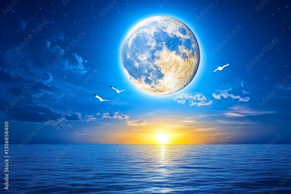 A night-time view of seagulls flying across a full moon over the ocean A night-time view of seagulls flying across a full moon over the ocean