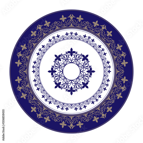 Decorative round frame arabesque. Blue gold plate with lace design. Vintage, ethnic vector frame with arabesques. Pattern frame for round surfaces, household utensils, textiles, porcelain, embroidery.