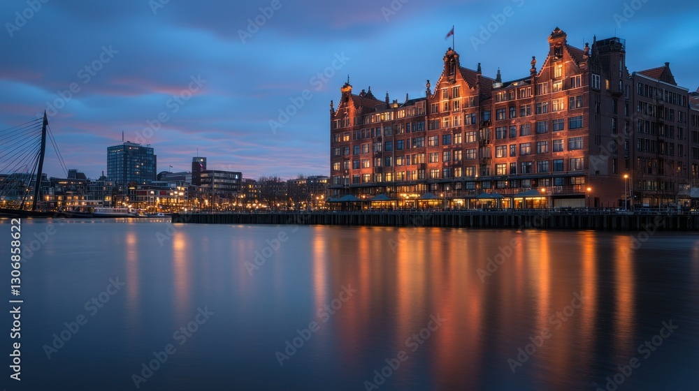 Naklejka premium Illuminated waterfront hotel at dusk, reflecting in calm water.