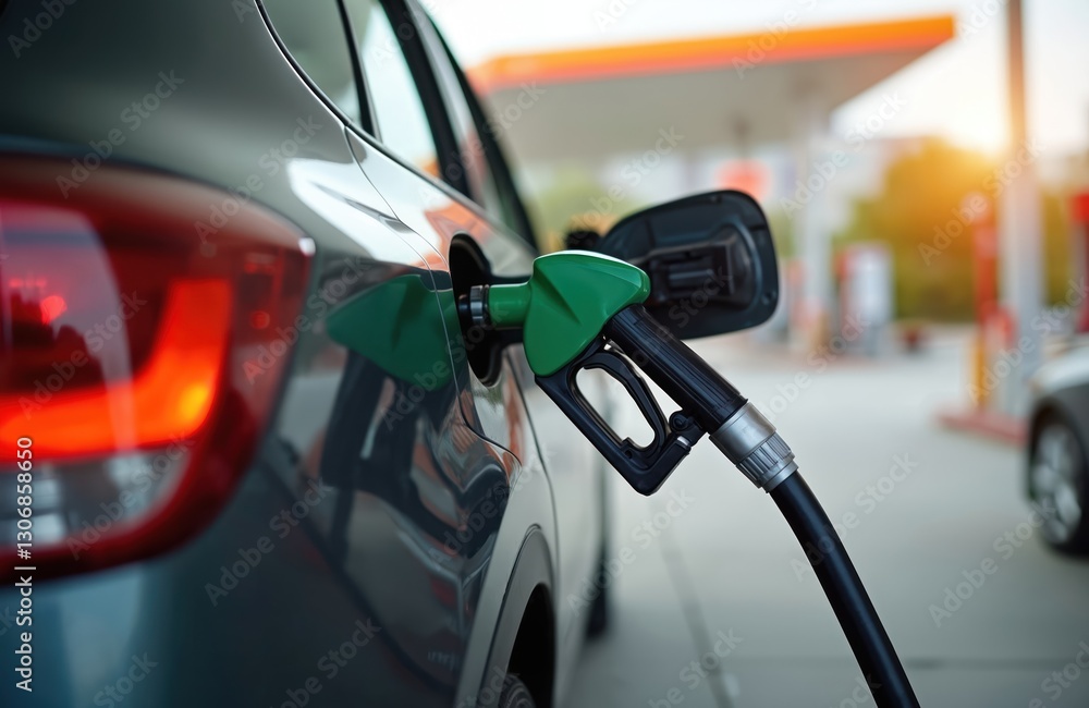 Car refueling at modern gas station using fueling nozzle. Vehicle exterior view. Transport service provides efficient, ethical, clean energy for automobile industry. Refilling transport with Car refueling at modern gas station using fueling nozzle. Vehicle exterior view. Transport service provides efficient, ethical, clean energy for automobile industry. Refilling transport with
