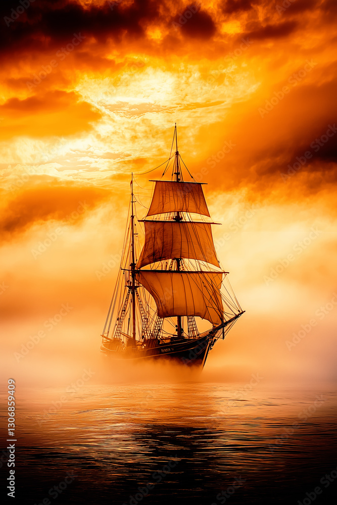 Fototapeta premium A majestic sailing ship emerges through golden mist, bathed in dramatic sunset light. Billowing sails catch the wind as it drifts on calm waters under glowing clouds.