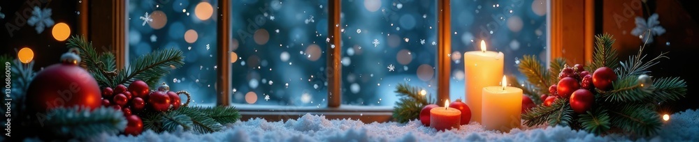 Sparkling snowflakes fall on a windowpane with festive Christmas decorations square background, seasonal decor, holly, candles Sparkling snowflakes fall on a windowpane with festive Christmas decorations square background, seasonal decor, holly, candles