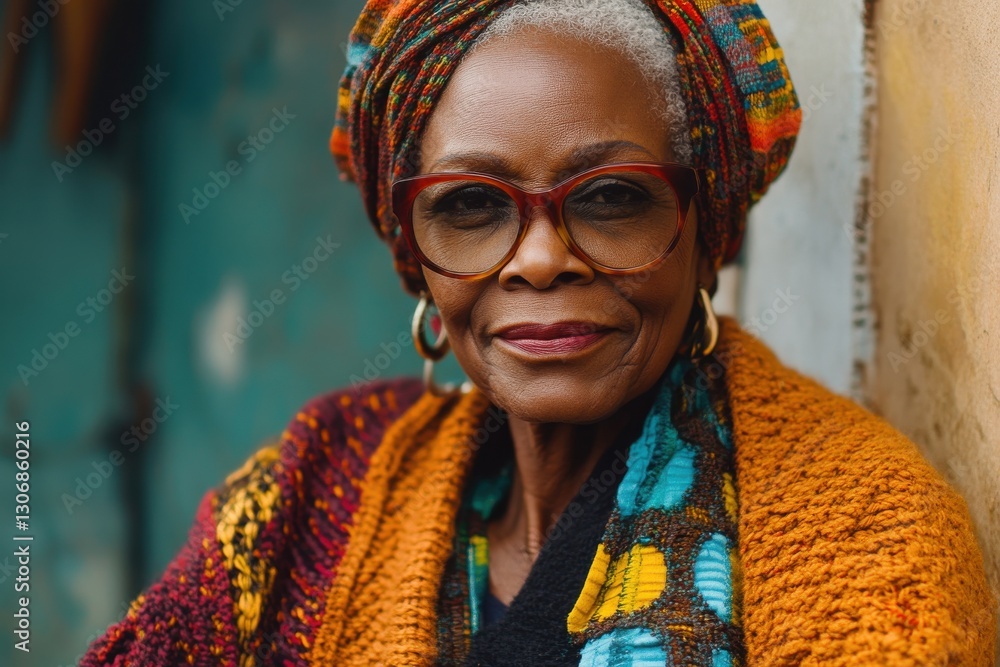 Obraz premium Portrait of Elderly Woman with Vibrant Scarf and Glasses