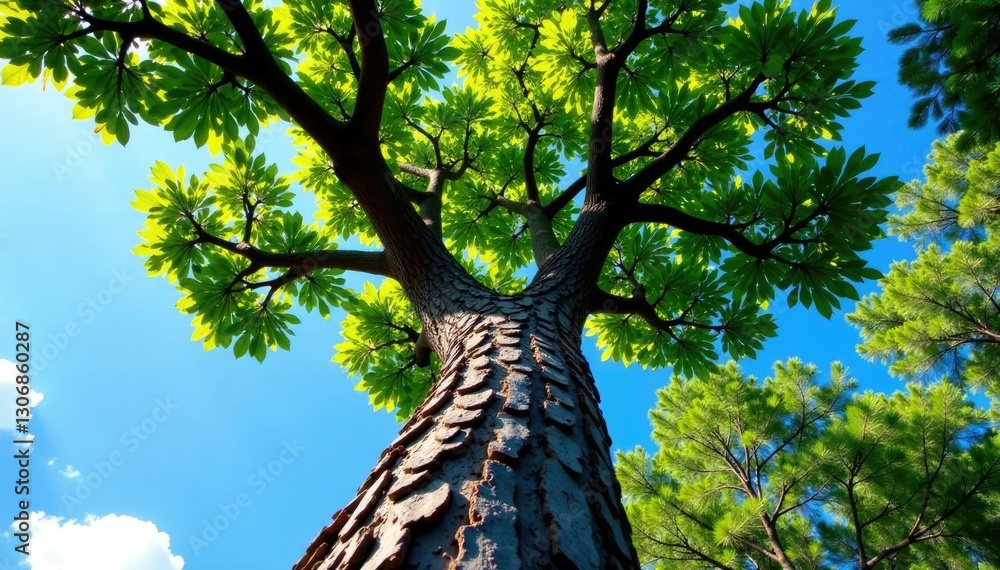 Fototapeta premium Tree's gnarled branches stretching towards the sky, isolated, bark, forest