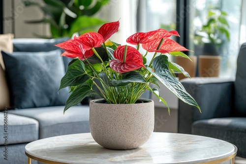 Bright Red Anthurium Plant in Modern Living Room Setup