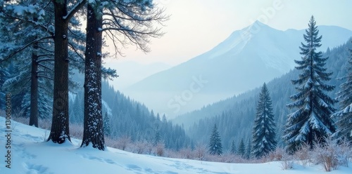 Tree trunks visible above foggy winter landscape, mountain, forest