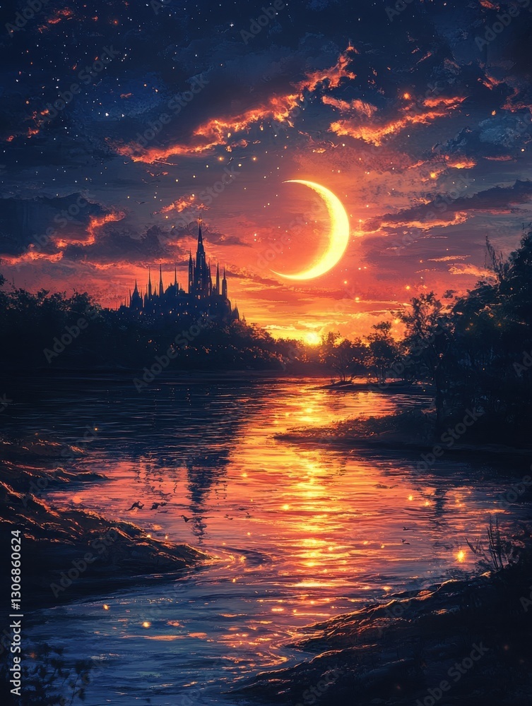 Dreamy Sunset over River with Crescent Moon Dreamy Sunset over River with Crescent Moon