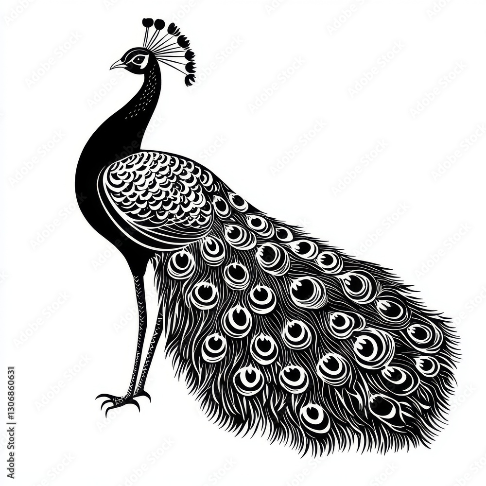 Fototapeta premium Elegant black and white illustration of a peacock showcasing its ornate feathers