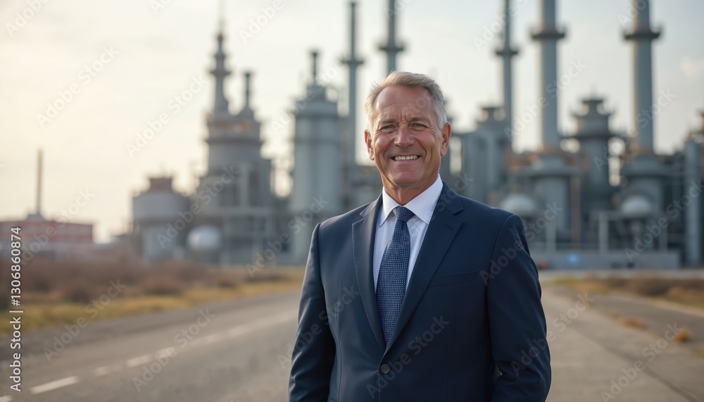 Smiling caucasian top manager in suit stands outdoor at oil plant. Successful company boss poses at industrial factory, gaz and machine background. Business and energy concept. Petroleum industry. Smiling caucasian top manager in suit stands outdoor at oil plant. Successful company boss poses at industrial factory, gaz and machine background. Business and energy concept. Petroleum industry.