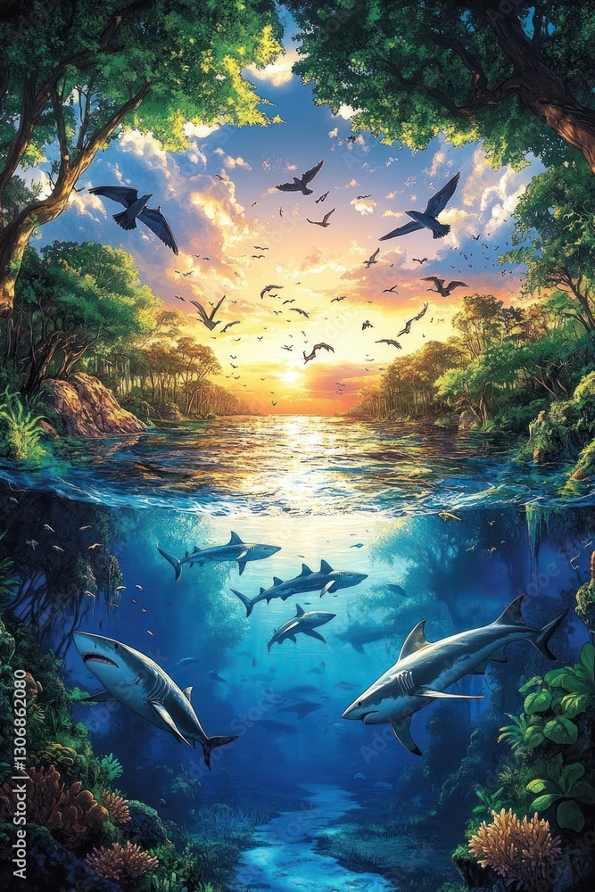 Surreal sunset over tranquil river, birds in flight, underwater sharks & coral. Surreal sunset over tranquil river, birds in flight, underwater sharks & coral.
