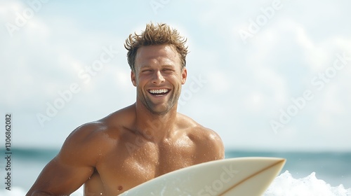 Happy man holding surfboard on beach with ocean waves and blue sky, enjoying sunny day in summer by the seaside