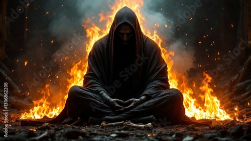 Infernal character on fire. Blazing demon from hell. Creepy illustration. Apocalyptic atmosphere.