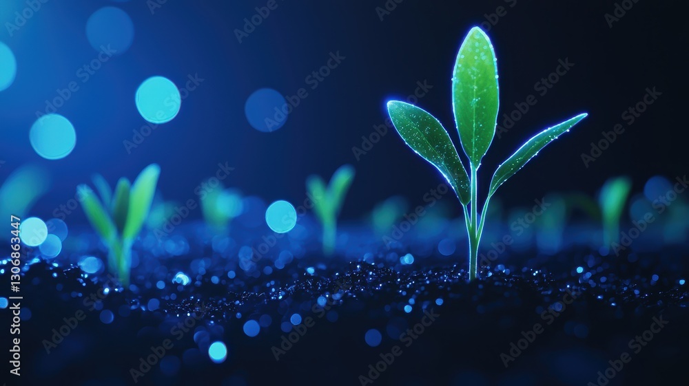 A close-up of young green seedlings emerging from dark soil, illuminated by blue light, creating a serene, ethereal atmosphere. A close-up of young green seedlings emerging from dark soil, illuminated by blue light, creating a serene, ethereal atmosphere.