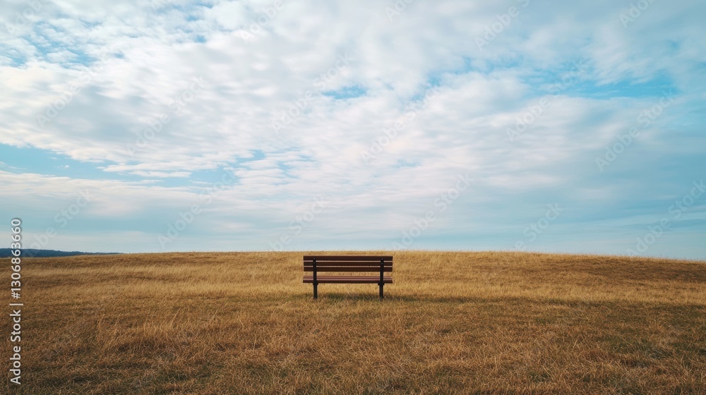 Serene Landscape with a Wooden Bench Set Against a Beautiful Sky and Expansive Grass Field in a Peaceful Outdoor Environment Serene Landscape with a Wooden Bench Set Against a Beautiful Sky and Expansive Grass Field in a Peaceful Outdoor Environment