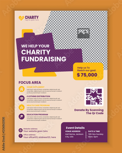 Charity Activities and Donation Event A4 Size Flyer Design Template or Fundraiser Poster, handbill, and leaflet Design