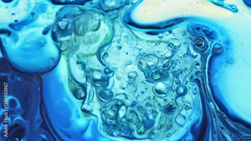 A mesmerizing close-up of a boiling liquid with dynamic swirling patterns, rich blue tones, and intricate bubbles forming, resembling a chemical reaction in motion.