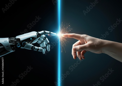 Robotic and human hands nearly touching, bright light beam separating palms, generating electric sparks symbolizing technological connection and AI interaction