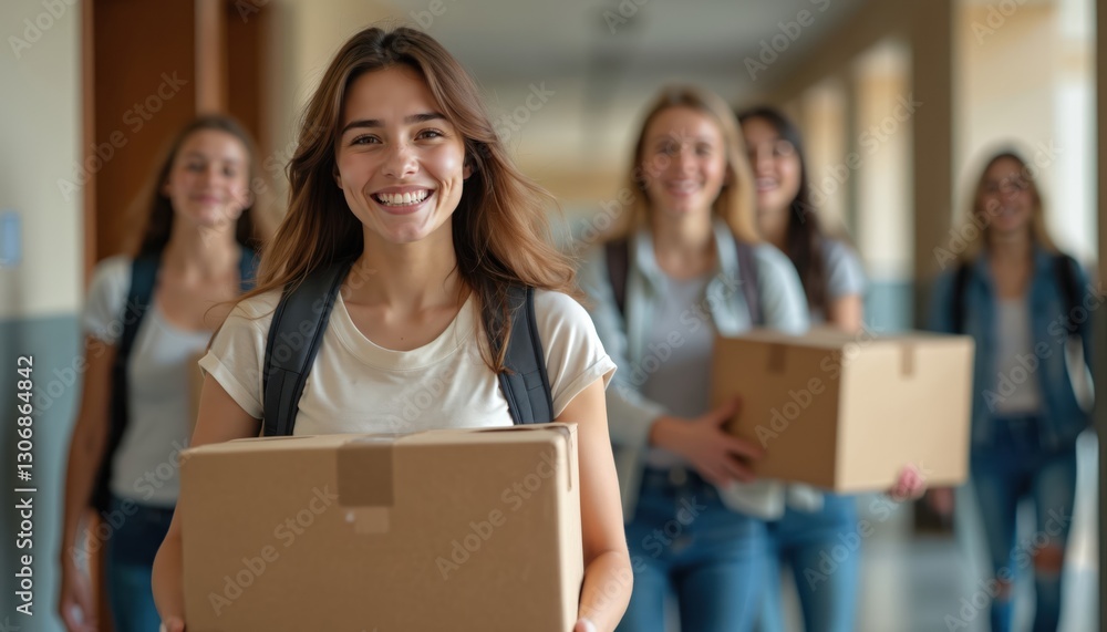Smiling female college students carry boxes in dormitory hallway on moving day. Young women unpack on campus at new semester. Happy excited girls indoor in residential housing. University transition, Smiling female college students carry boxes in dormitory hallway on moving day. Young women unpack on campus at new semester. Happy excited girls indoor in residential housing. University transition,